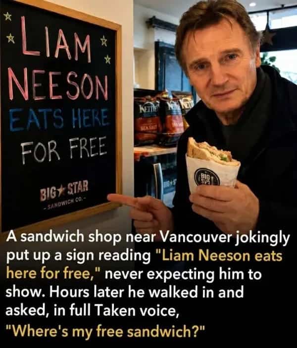 Actor Liam Neeson posing with sandwich next to free food sign funny memes.