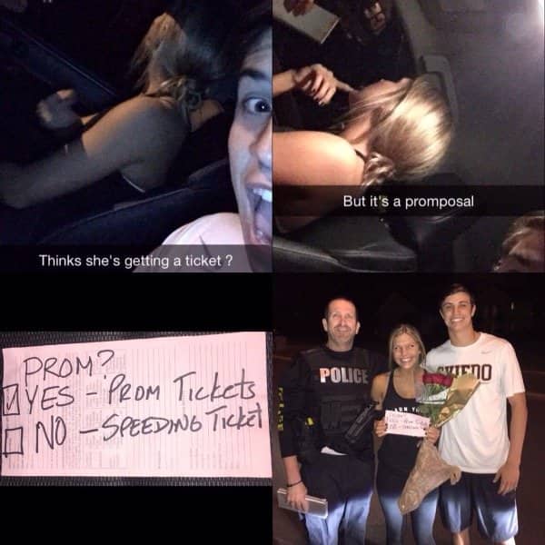 Four-panel image showing a fake police pull over prank used for a high school prom proposal.