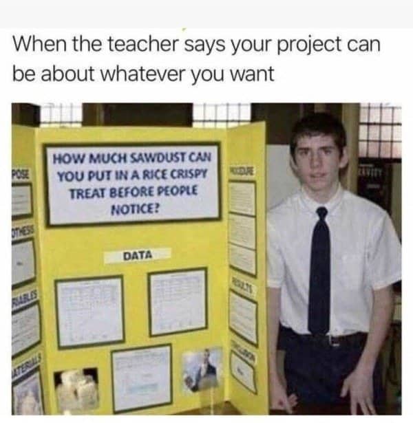 Student presenting a science fair project about adding sawdust into rice crispy treats.