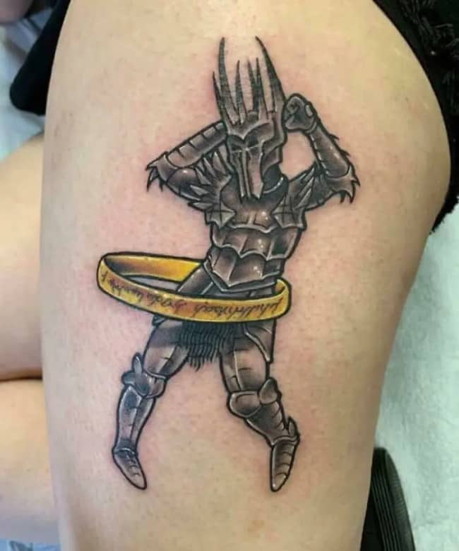 Dark Lord Sauron from Lord of the Rings hula hooping the ring funny tattoos.