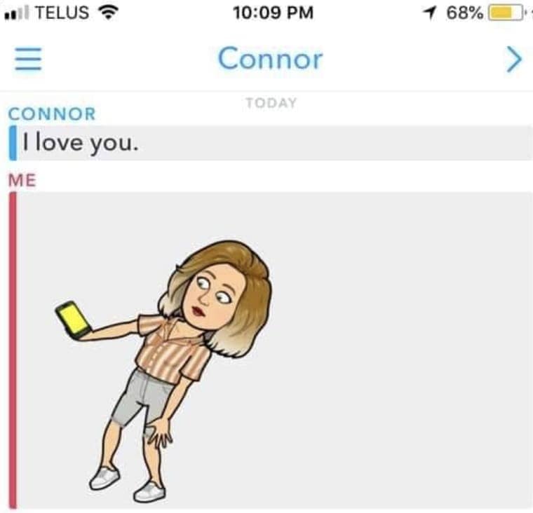 Snapchat screenshot of a funny text message exchange where Connor texts "I love you" and the recipient replies with a Bitmoji holding her phone at arm's length in complete shock.