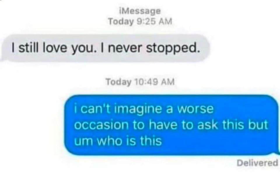 iMessage screenshot showing a dramatic confession of love met with an awkward reply asking for the sender's identity.