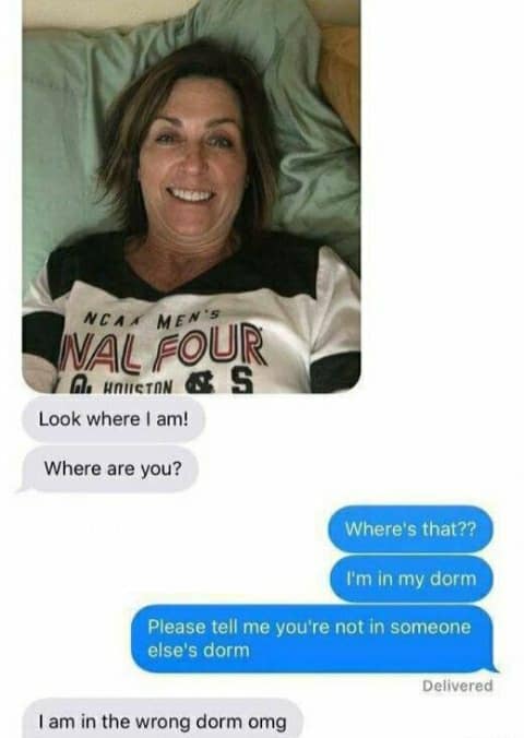 Text thread with a photo where a mother visiting campus snaps a bed selfie and realizes she accidentally climbed into a stranger's college dorm room.