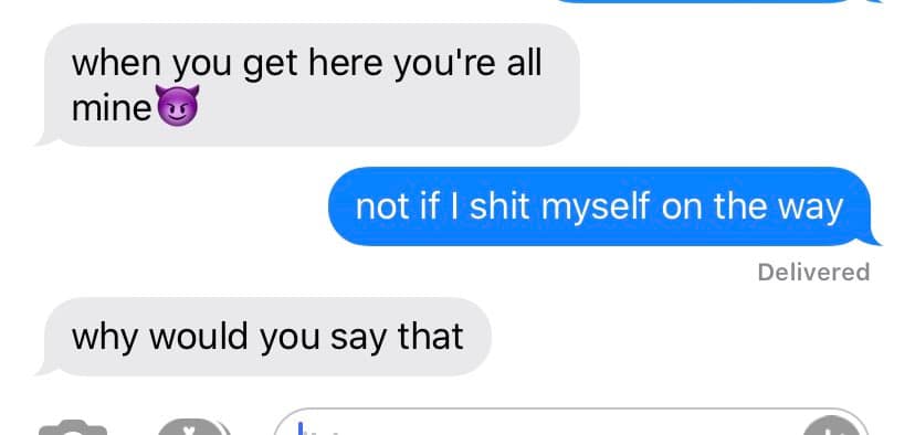 Text exchange shutting down a seductive invitation with an unhinged bodily function response.