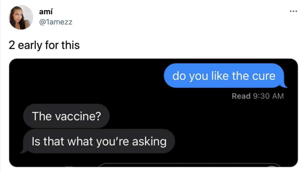 Early morning dark-mode text exchange confusing the iconic post-punk rock band The Cure with medical vaccinations.