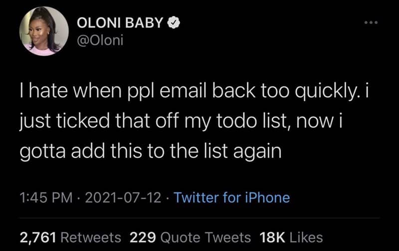 Post lamenting fast email responses forcing tasks back onto a daily to-do list.