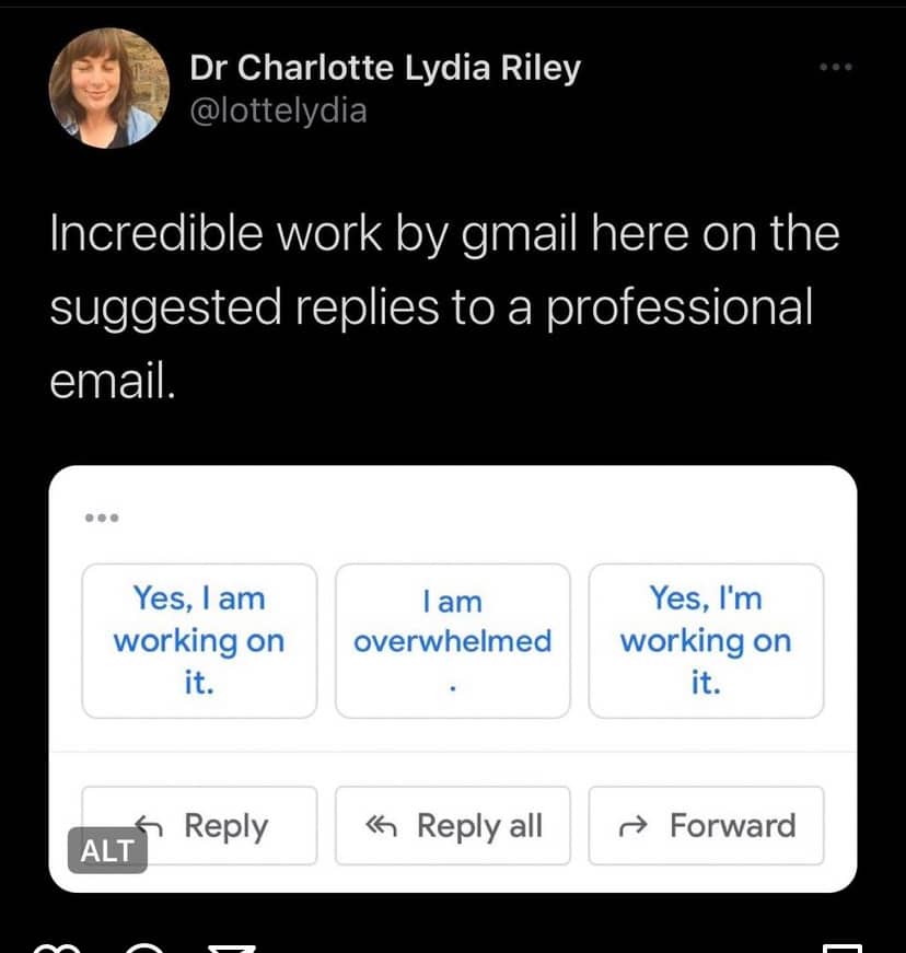 Screenshot of Gmail auto-reply suggestions including an option saying I am overwhelmed.