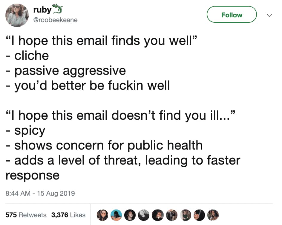 Social media breakdown analyzing standard versus aggressive email greetings like hope this finds you well.