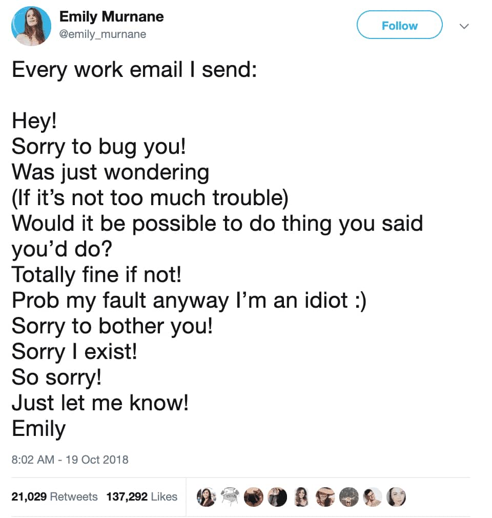 Post listing overly apologetic lines used in typical corporate email correspondence from employees.