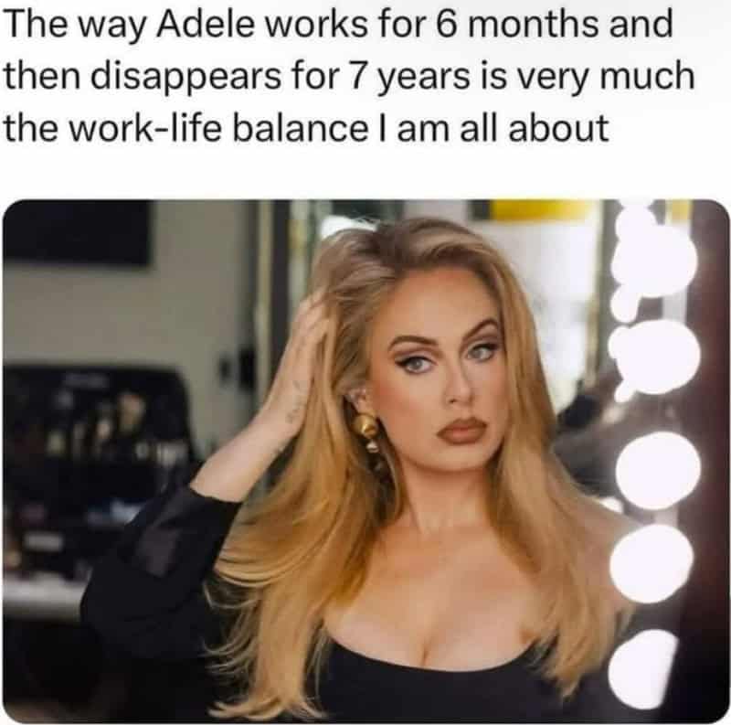 Career ambition satire funny work meme showing singer Adele looking glamorous alongside text admiring her cycle of working six months and vanishing for seven years.