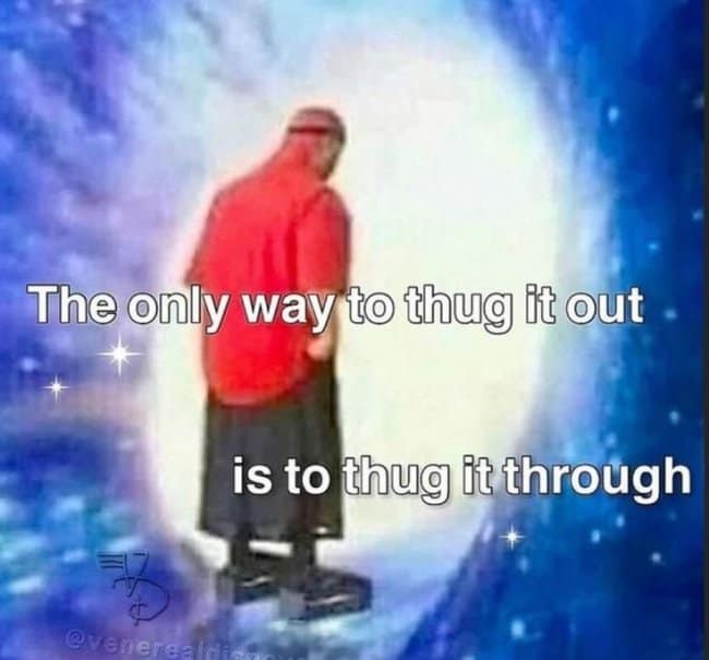 An inspirational endurance hangover meme showing a figure standing at a glowing cosmic portal under text reading "The only way to thug it out is to thug it through."