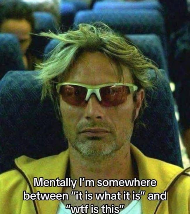 Relatable exhaustion hangover meme featuring Mads Mikkelsen with disheveled hair and wraparound sunglasses on a plane, captioned with being stuck between "it is what it is" and "wtf is this."
