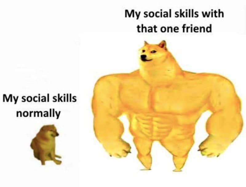 The classic Swole Doge vs Cheems comparison illustrates having zero conversational energy normally versus uninhibited confidence around a best friend in an introvert meme.