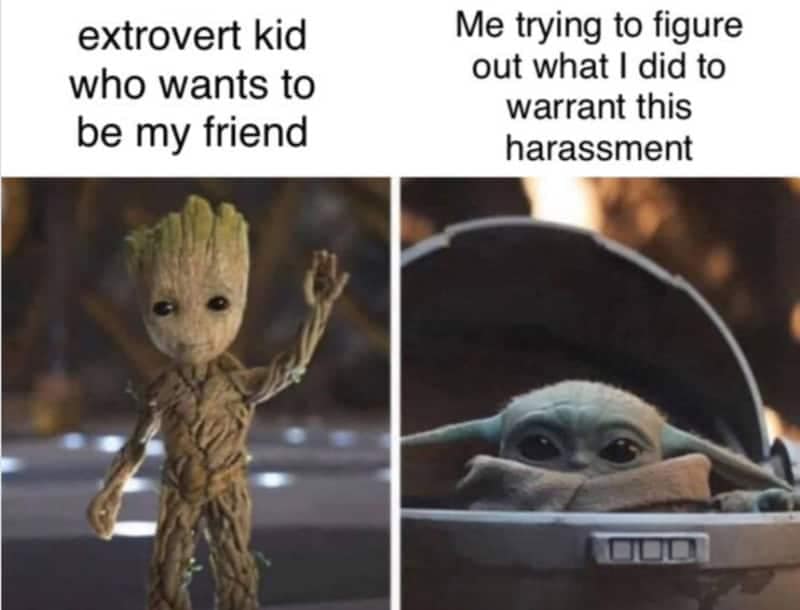 Baby Groot waving cheerfully contrasts with Baby Yoda looking suspicious inside his pod, mocking how extroverts try adopting introverts in a pop-culture introvert meme.