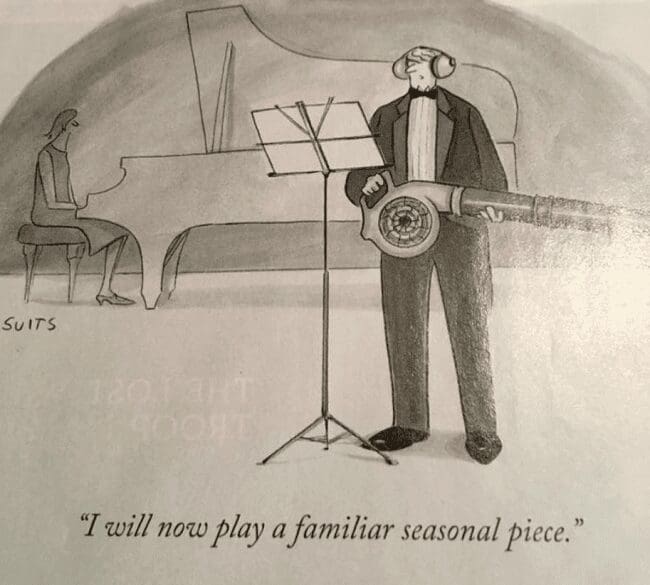 Man in tuxedo performing with gas leaf blower beside grand piano in music concert cartoon meme.