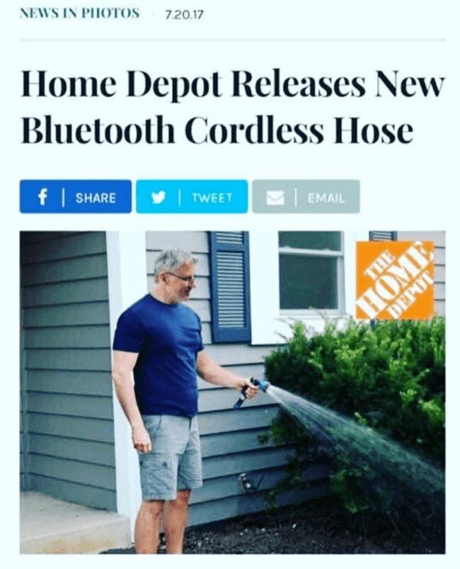 Parody news article about Bluetooth cordless hose showing man spraying water into garden bushes lawn meme.