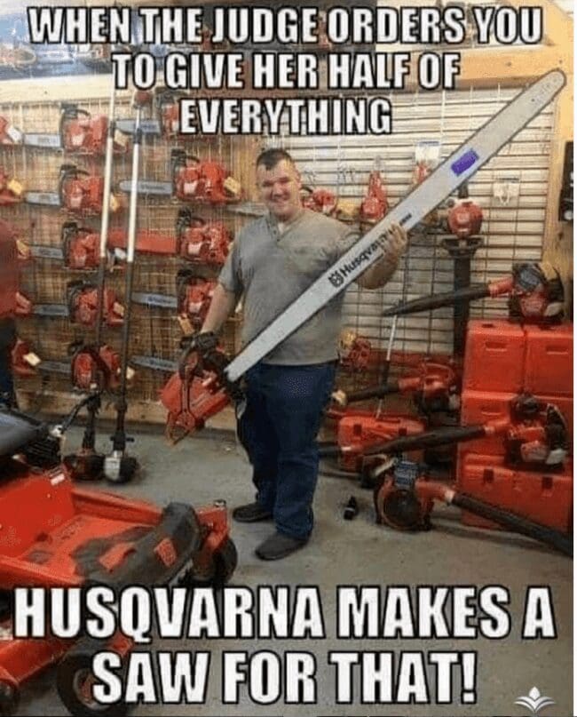 Man holding enormous long-bar chainsaw in power tool store for funny lawn care meme.