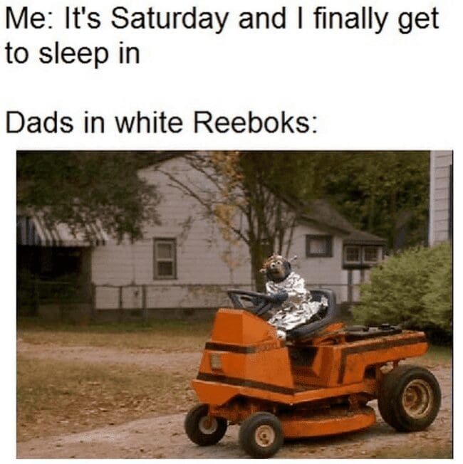 Sesame Street character riding vintage orange lawn mower on early Saturday morning dad lawn meme.