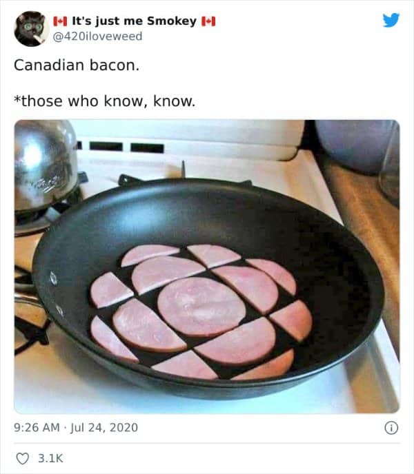Meanwhile in Canada meme showing bacon arranged in a frying pan as the CBC logo.
