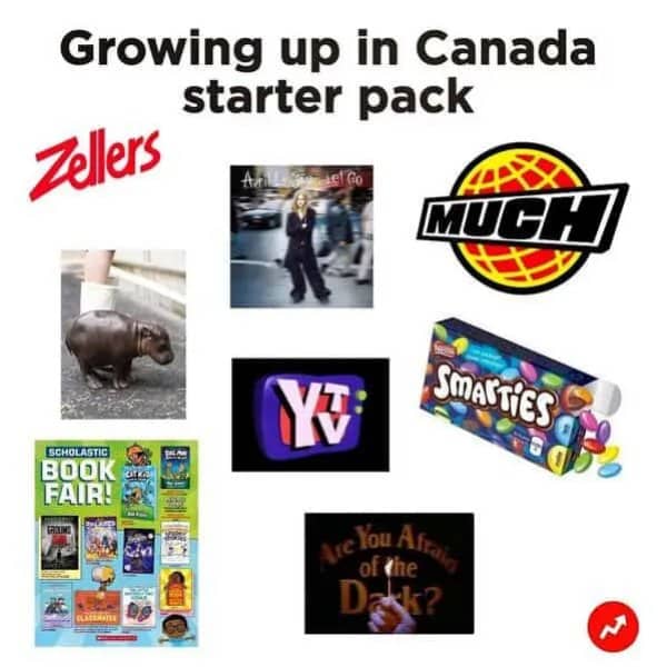 Nostalgic meanwhile in Canada starter pack meme featuring Zellers, YTV, Smarties, and the house hippo.