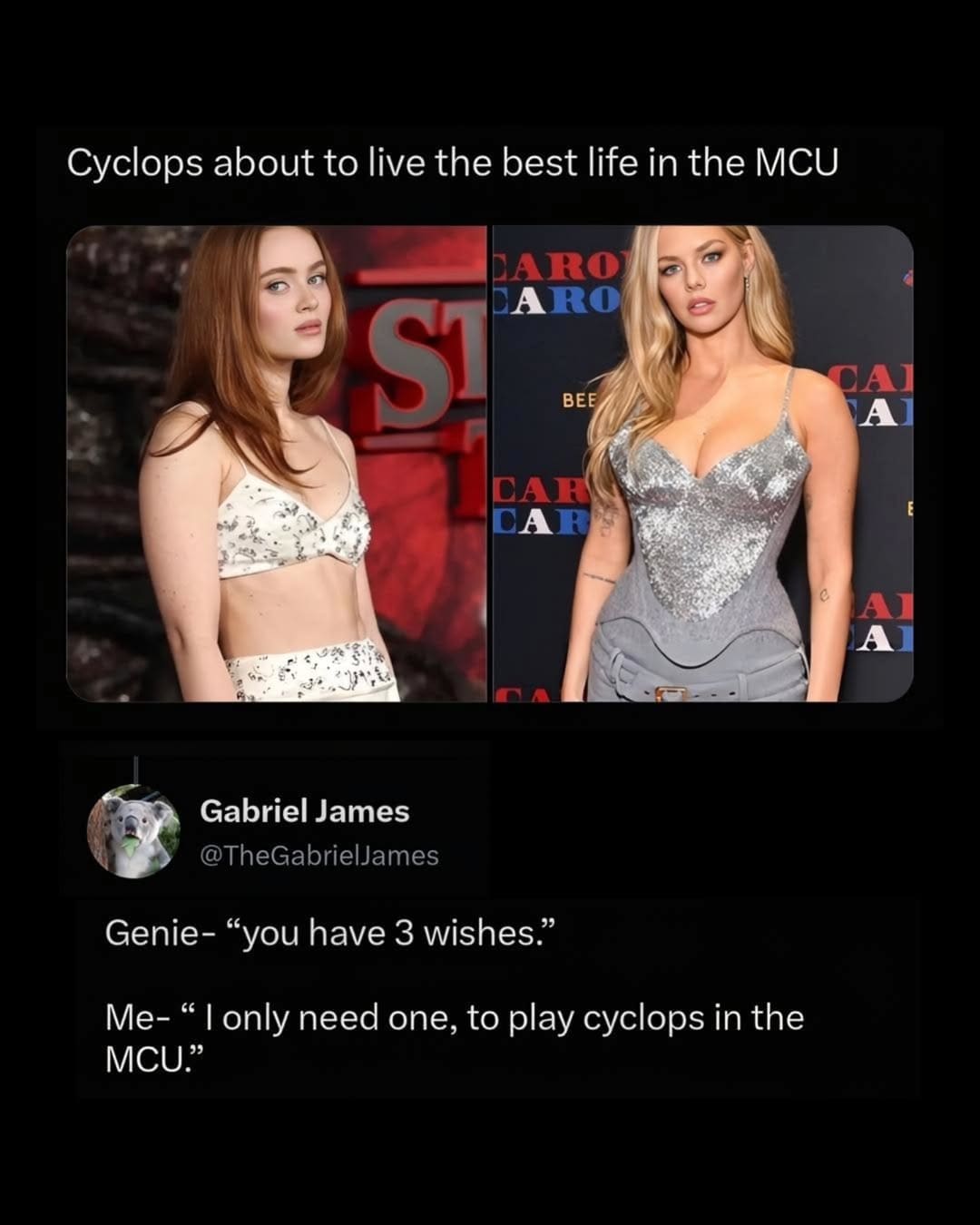 An MCU casting joke in this meme dump features photos of Sadie Sink and an attractive blonde model under text speculating on Cyclops' love life in the X-Men reboot, paired with a user wishing upon a genie to play the character.