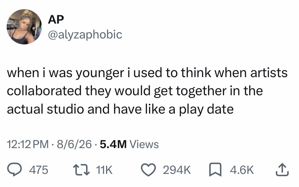 A music industry misconception tweet featured in this meme dump where user @alyzaphobic recalls thinking studio collaborations were basically childhood play dates.