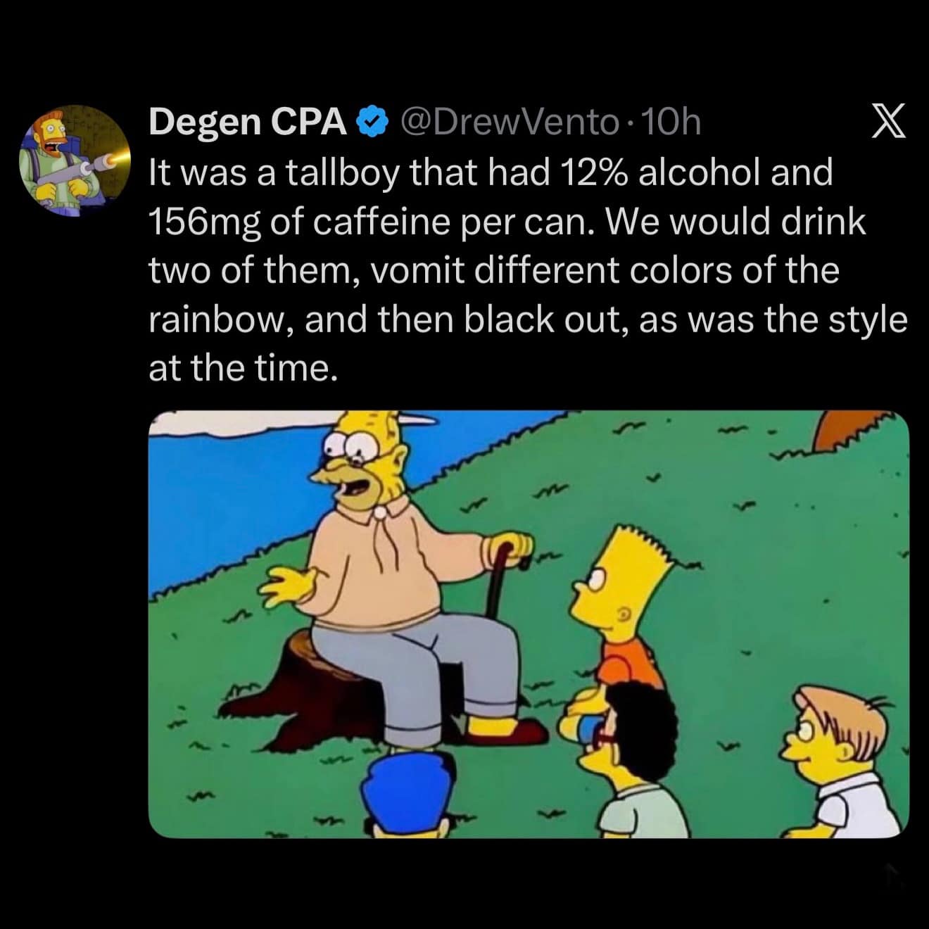 Grandpa Simpson sitting on a tree stump telling a story to Bart and friends in a classic Simpsons scene, paired with a tweet describing drinking caffeinated 12% Four Loko tallboys as "the style at the time" in a meme dump.