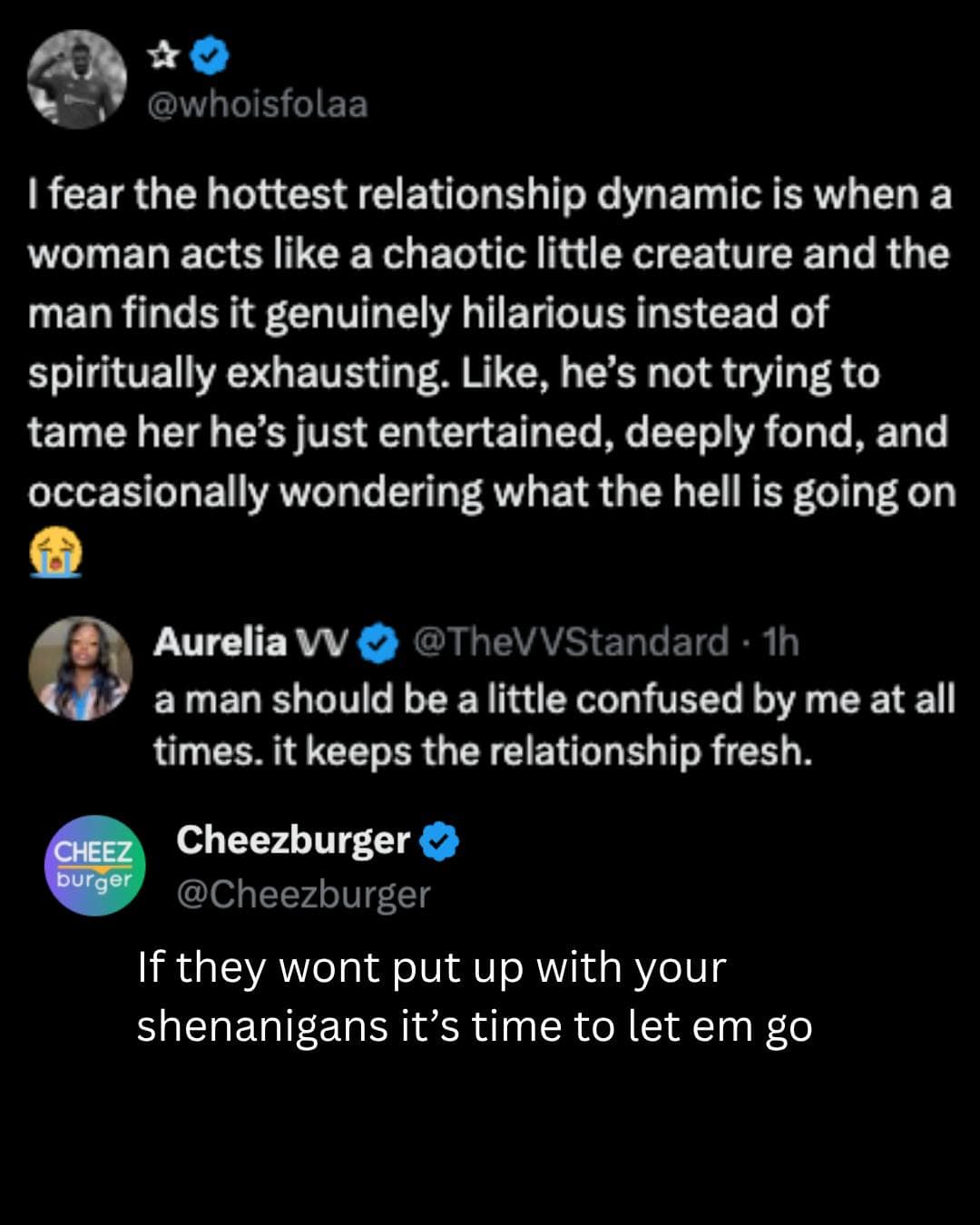 Twitter thread screenshot discussing ideal relationship dynamics, highlighting the charm of partners who find chaotic energy entertaining rather than exhausting as a funny meme.