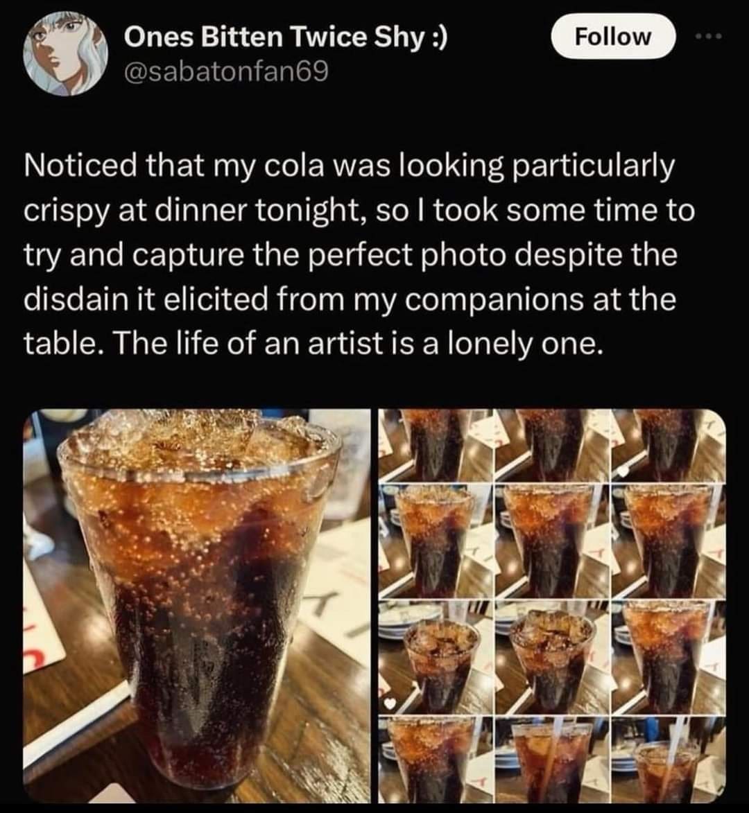 A dedicated soda photography post in this meme dump showing a camera roll filled with photos of a "crispy" glass of iced cola at a restaurant dinner table.