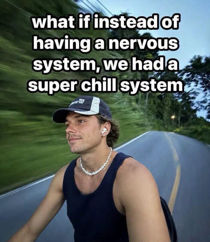A relatable biology wish meme dump photo of a guy riding a scooter in motion blur under text asking "what if instead of having a nervous system, we had a super chill system."