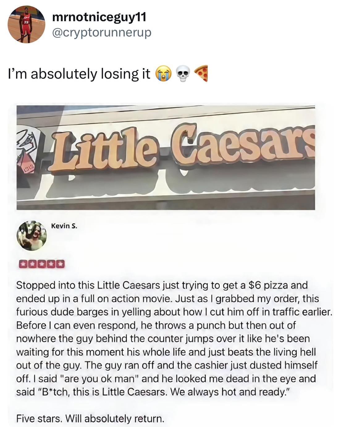 A viral Little Caesars review featured in this meme dump detailing an action-movie style fight where a cashier leaps over the counter to defend a customer, concluding with the line "We always hot and ready."