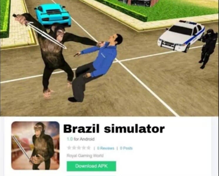 An absurd mobile app store listing in a meme dump showing a low-poly sword-wielding chimpanzee fighting a civilian on a city street titled "Brazil simulator."