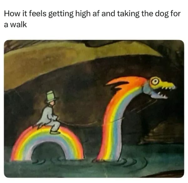 A surreal medieval illustration post included in this meme dump showing a top-hatted man riding a rainbow sea monster like a dog walk.