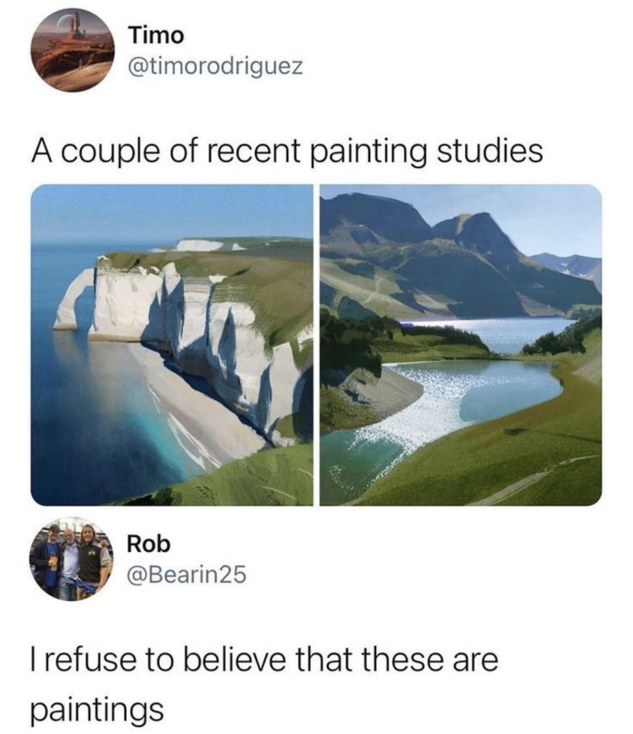 Tweet pairing two photorealistic digital landscape painting studies of coastal cliffs and mountain lakes with a quote tweet expressing total disbelief that they are actual artwork.