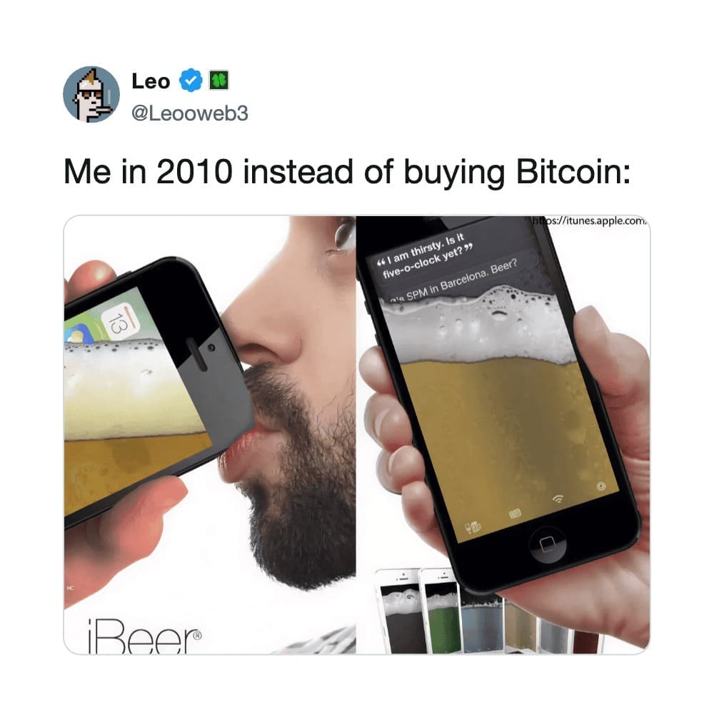 A tech nostalgia regret tweet acting as a hilarious meme by @Leooweb3 showing photos of the classic iBeer iPhone app instead of buying early Bitcoin in 2010.