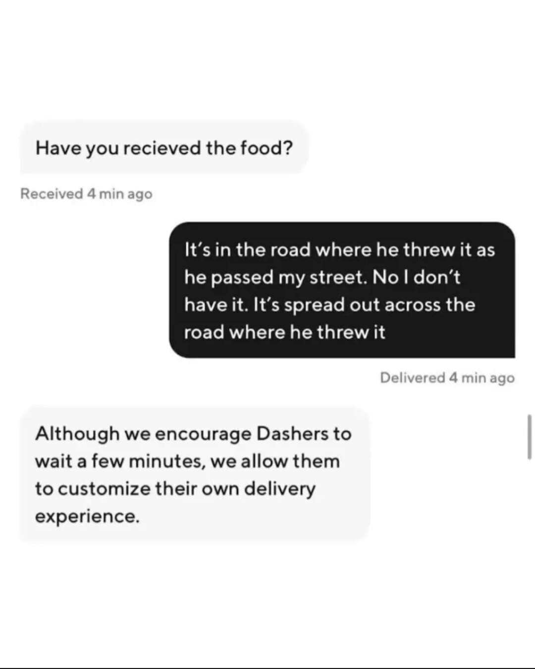 A customer service support satire screenshot in this meme dump where DoorDash automated support defends a driver throwing food on the street as "customizing their own delivery experience."