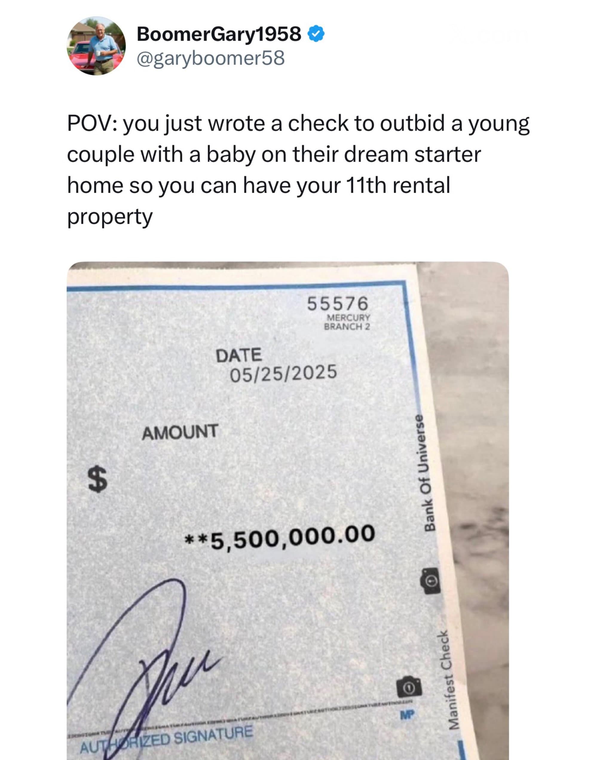 A satire post showing a $5.5 million fake check drawn on the Bank of Universe, poking fun at boomer real estate landlords outbidding families.
