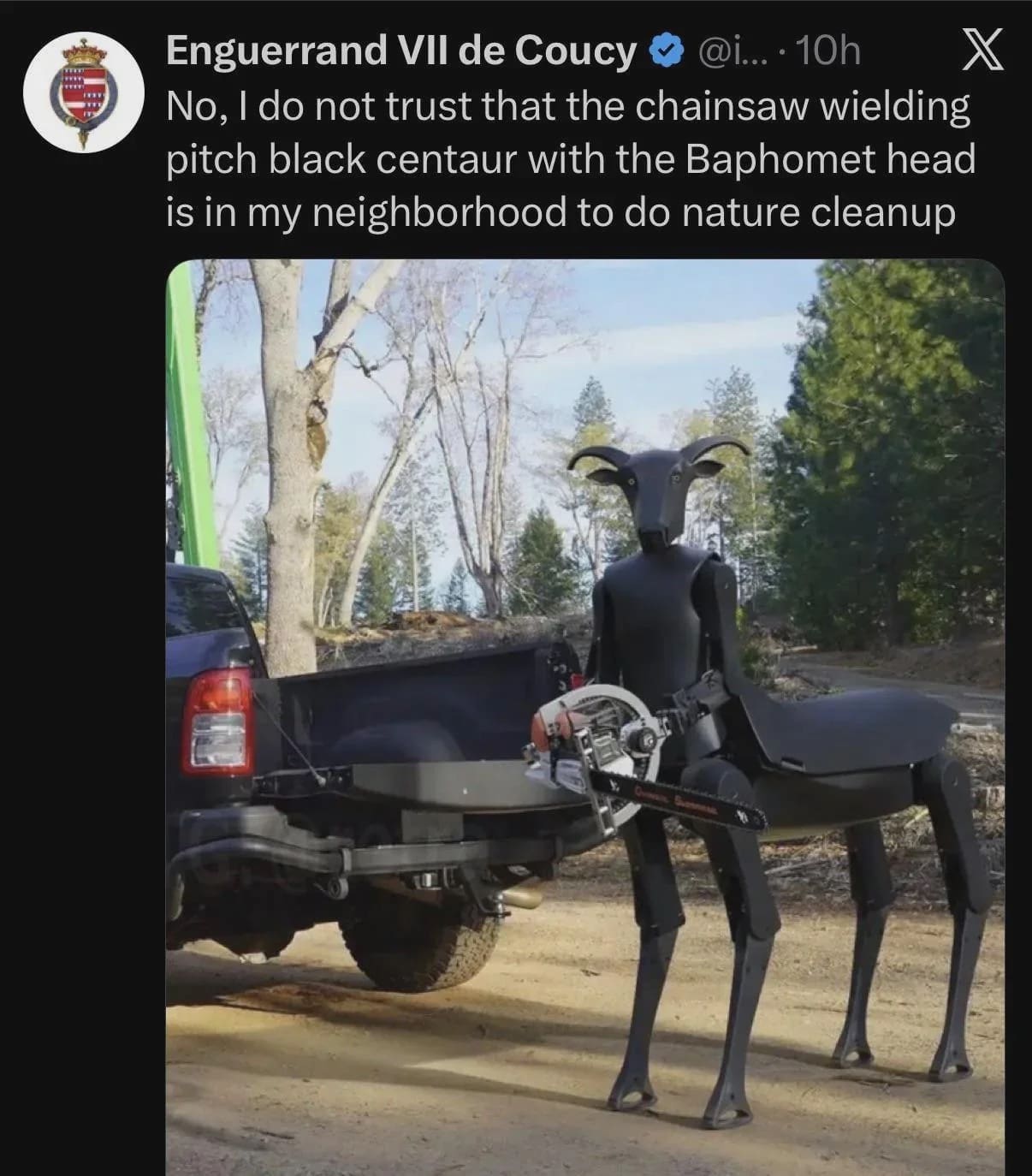 A terrifying robotics tweet in this meme dump showing a black four-legged centaur-like robot with a Baphomet goat head holding a chainsaw in the bed of a truck.