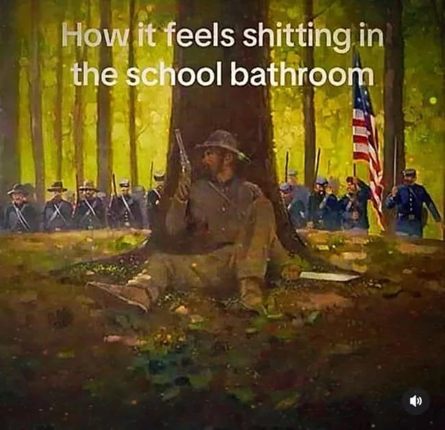 A historical painting of a soldier taking cover behind a tree in a battle zone, serving as a funny meme about the high-anxiety ordeal of using a school bathroom stall.