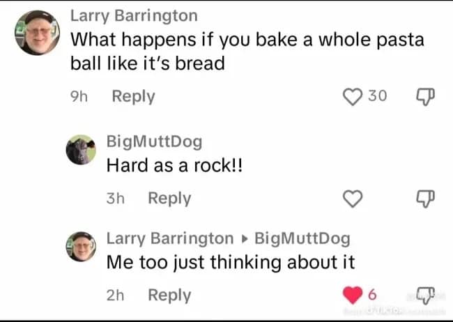 A dirty double entendre comment screenshot in a meme dump where a question about baking pasta gets the response "Hard as a rock!!" and a suggestive follow-up.