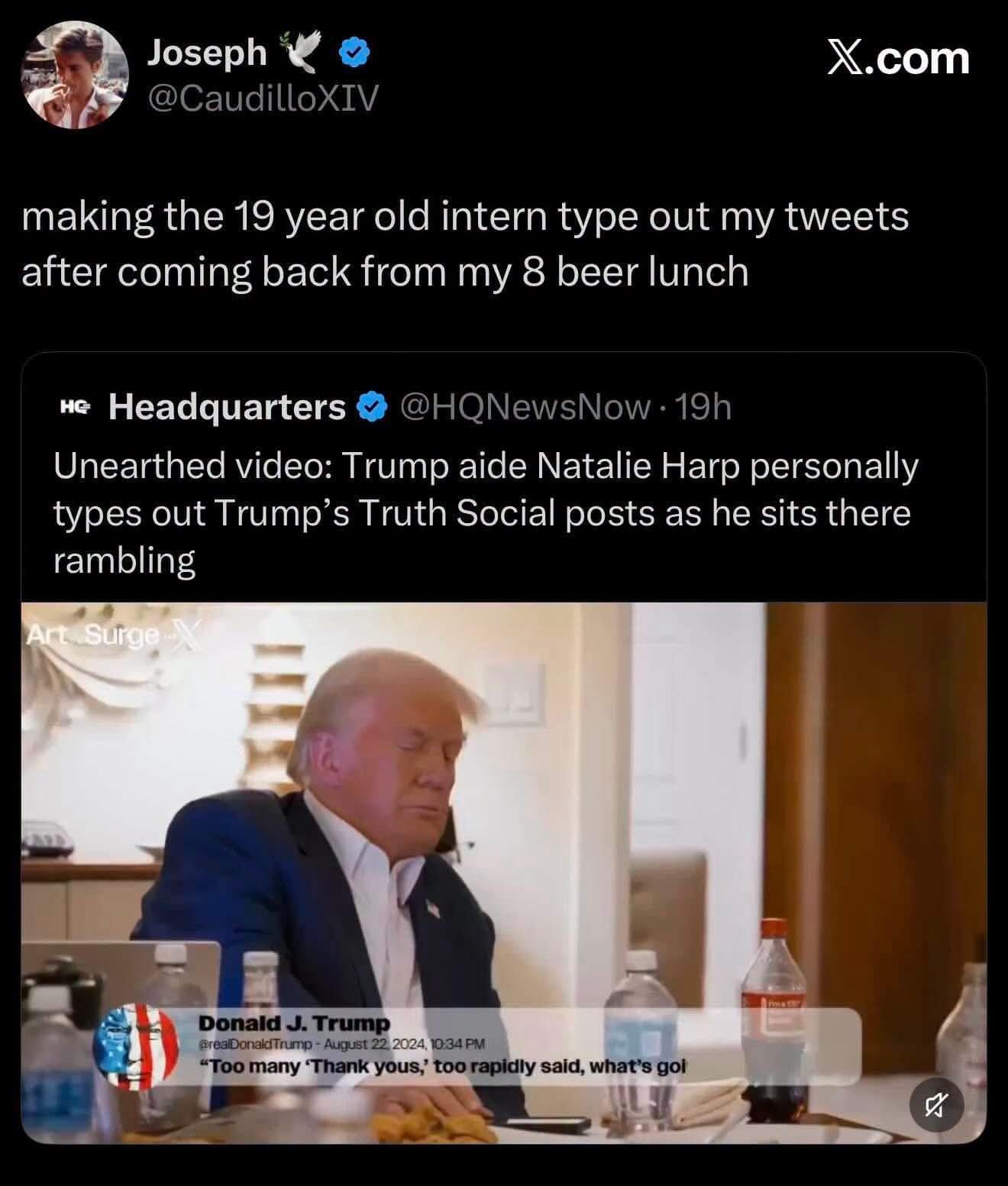 News screenshot about an aide typing out dictated posts, paired with a tweet joking about intern duties after an 8-beer lunch in a meme dump.