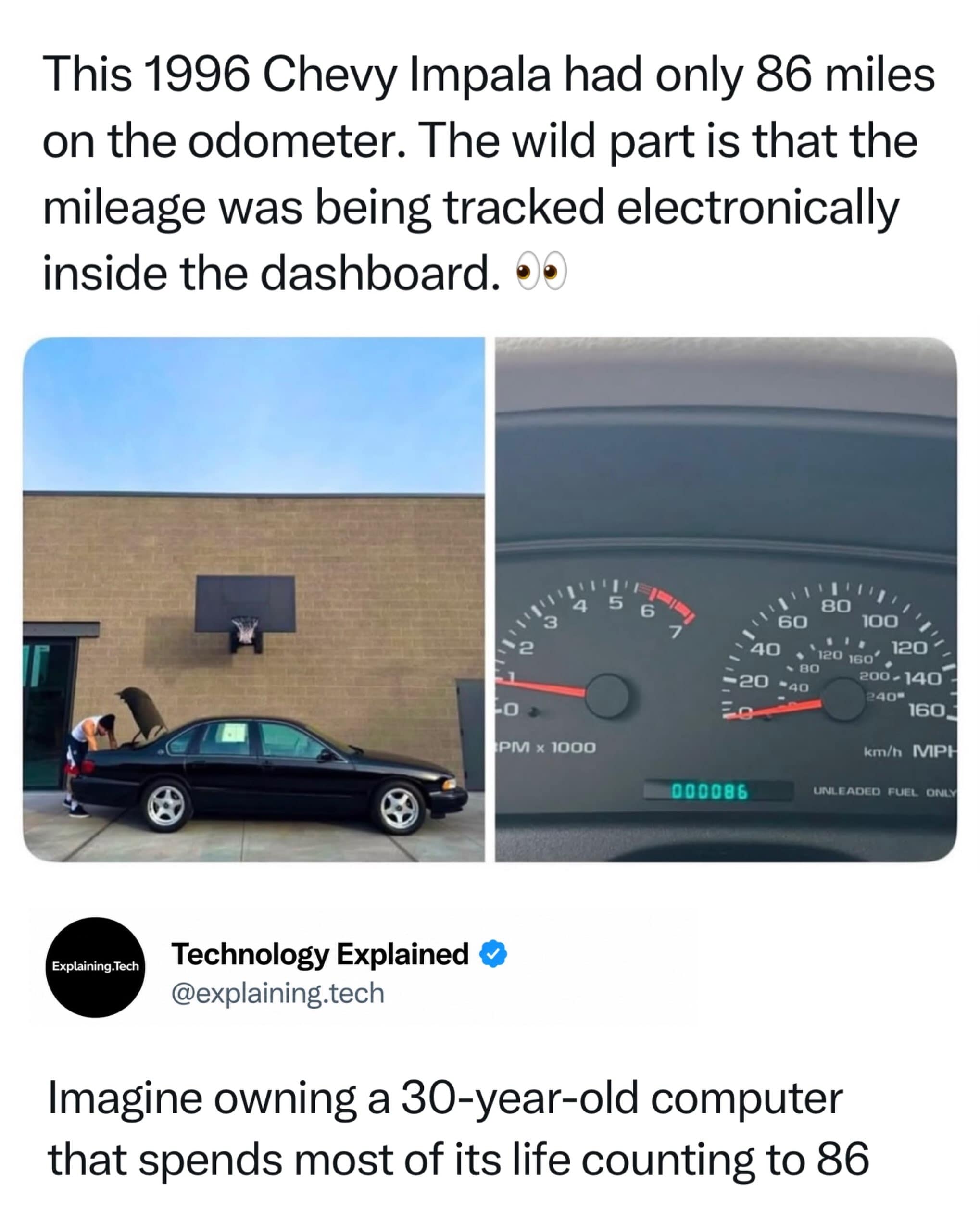 Dashboard odometer photo showing a 1996 Chevy Impala with just 86 original miles, accompanied by a tech account mocking a 30-year-old car computer that spent its entire life counting to 86.