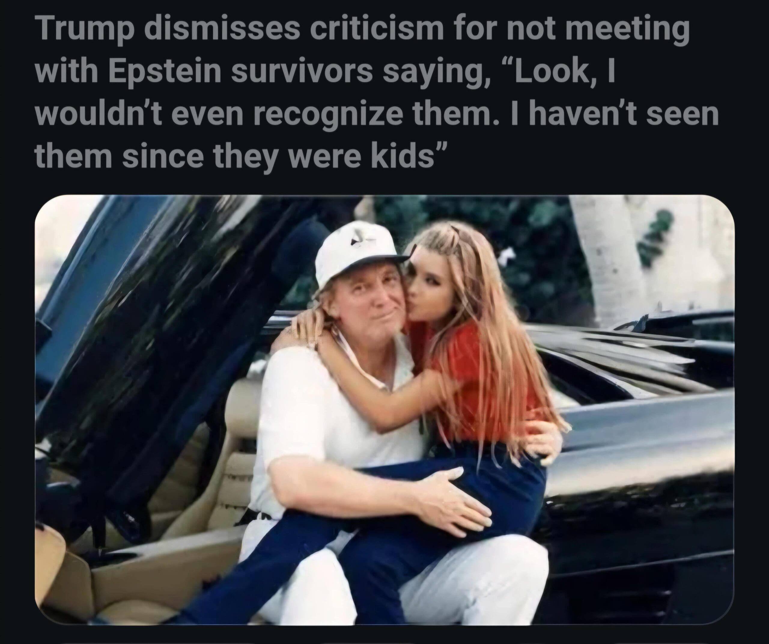 Satirical news headline paired with an archival photo of Donald Trump holding young Ivanka Trump in a sports car.