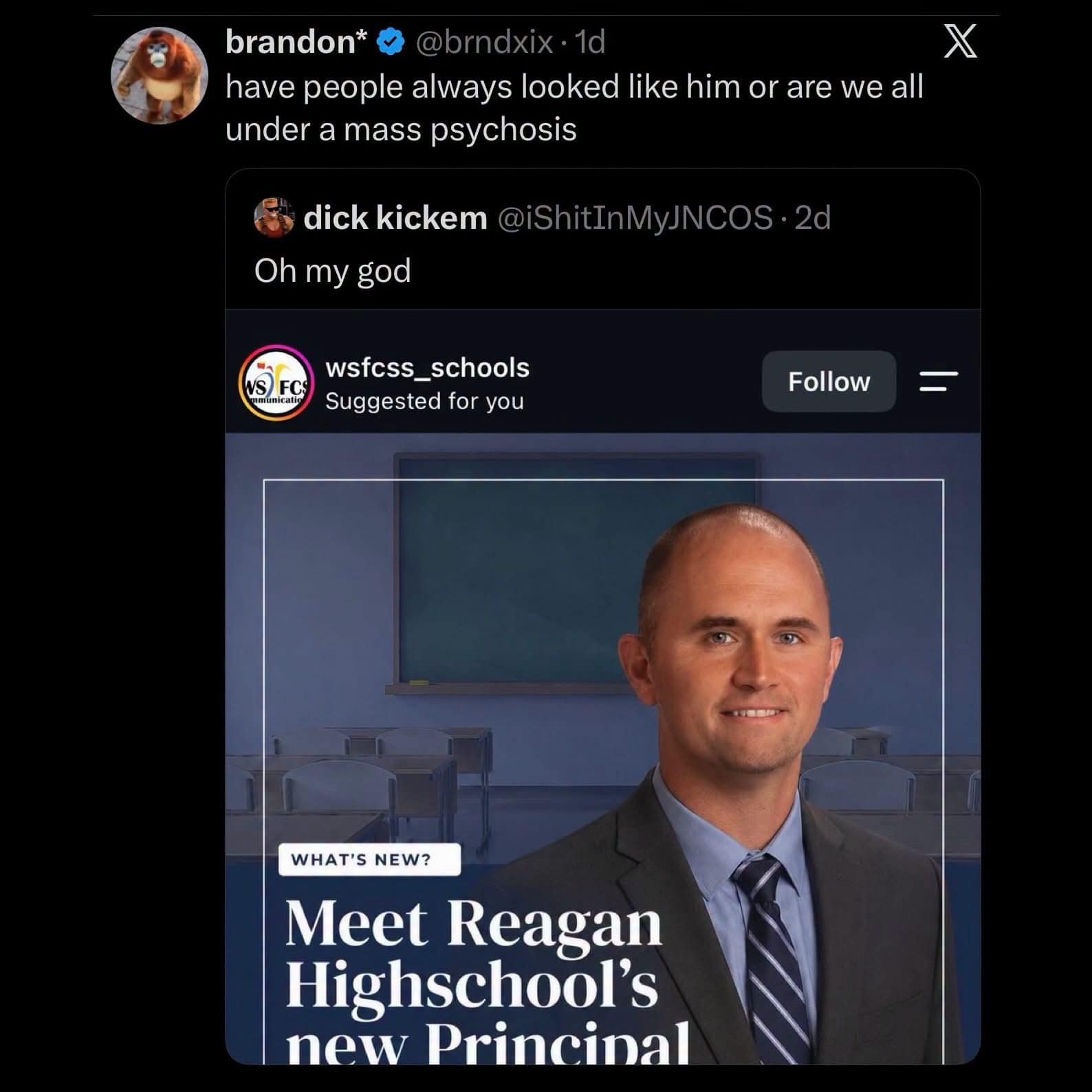 An NPC principal observation tweet in a meme dump sharing a school announcement photo of a generic-looking principal, questioning if society is under mass psychosis.