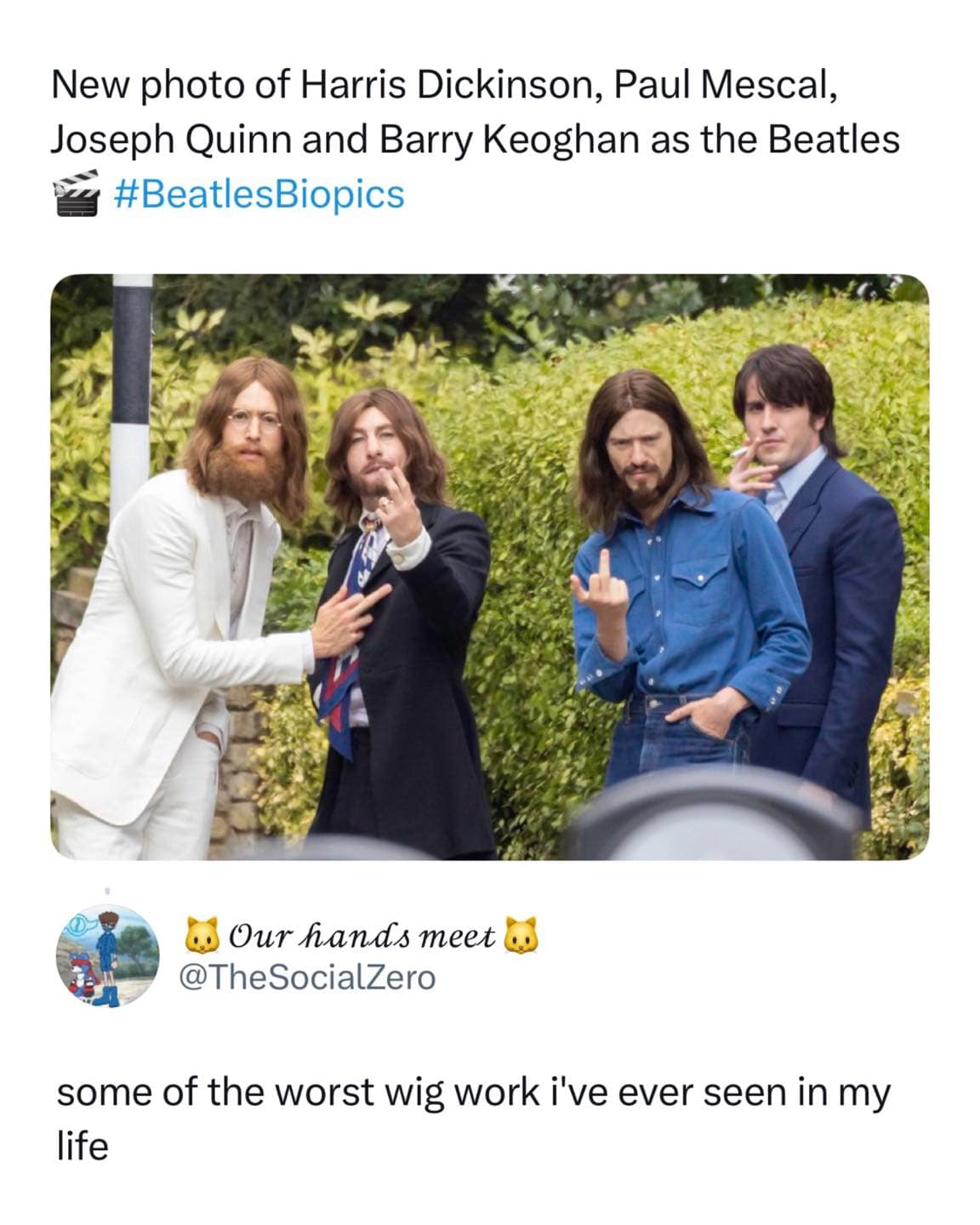 A set photo from the Beatles biopic showing cast members in period attire, brutally roasted in a reply for having the worst wigs on set.