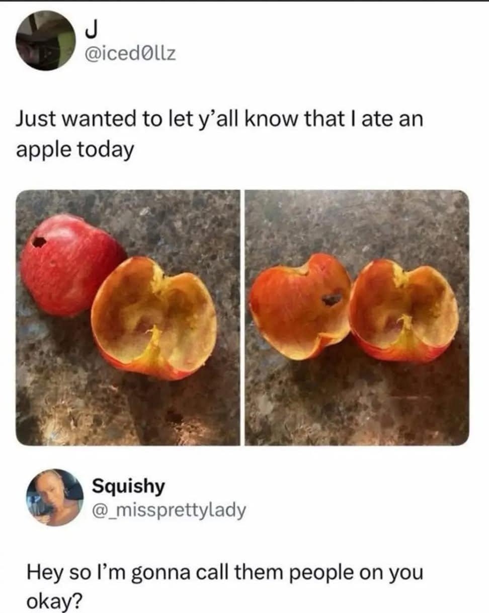 A chaotic food crime dank meme tweet showing someone who hollowed out an apple while keeping the skin intact, prompting a swift, concerned response.