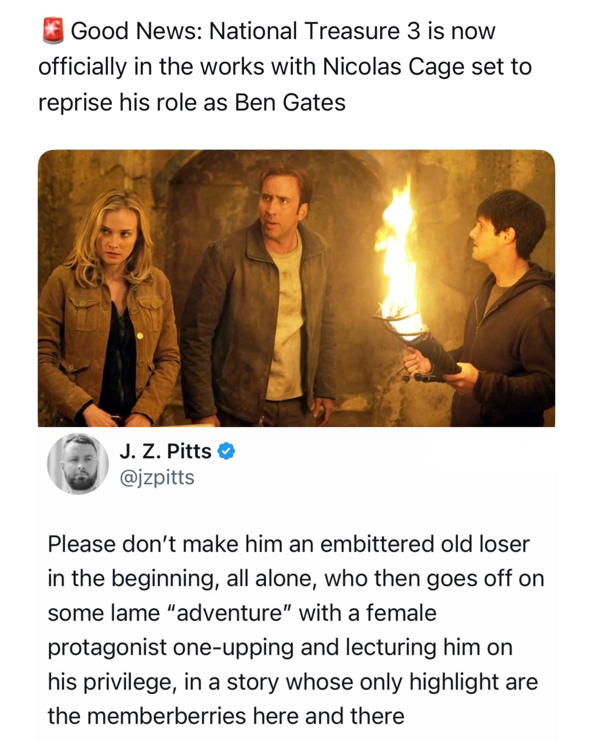 Screenshot of a movie news announcement for National Treasure 3 starring Nicolas Cage, paired with a fan tweet pleading with Hollywood writers to avoid overused modern reboot tropes.