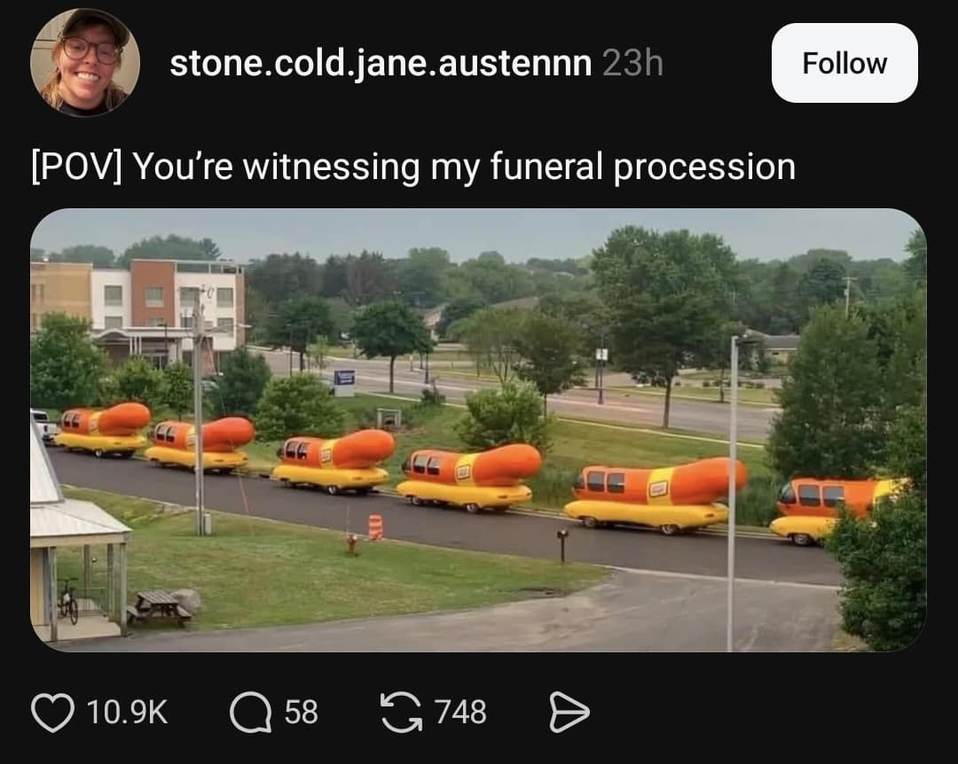 A hilarious funeral procession post featured as a dank meme showing six Oscar Mayer Wienermobiles driving down a road in a single file line.