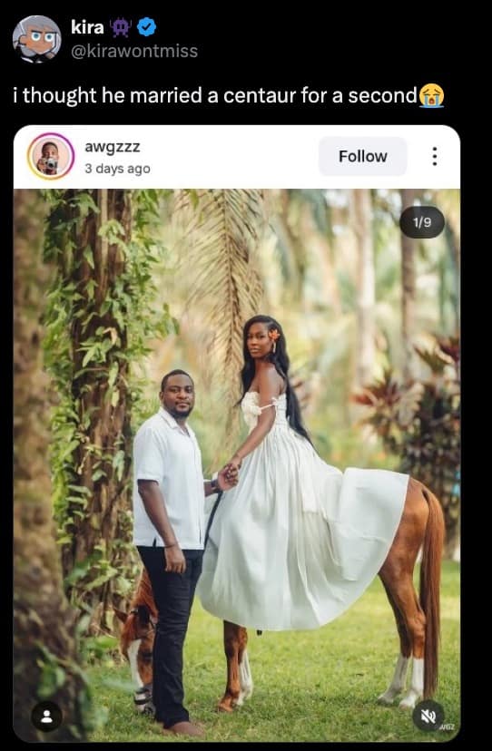 An optical illusion wedding photo post in a meme dump where a bride sitting sideways on a horse in her gown looks exactly like a real-life centaur.