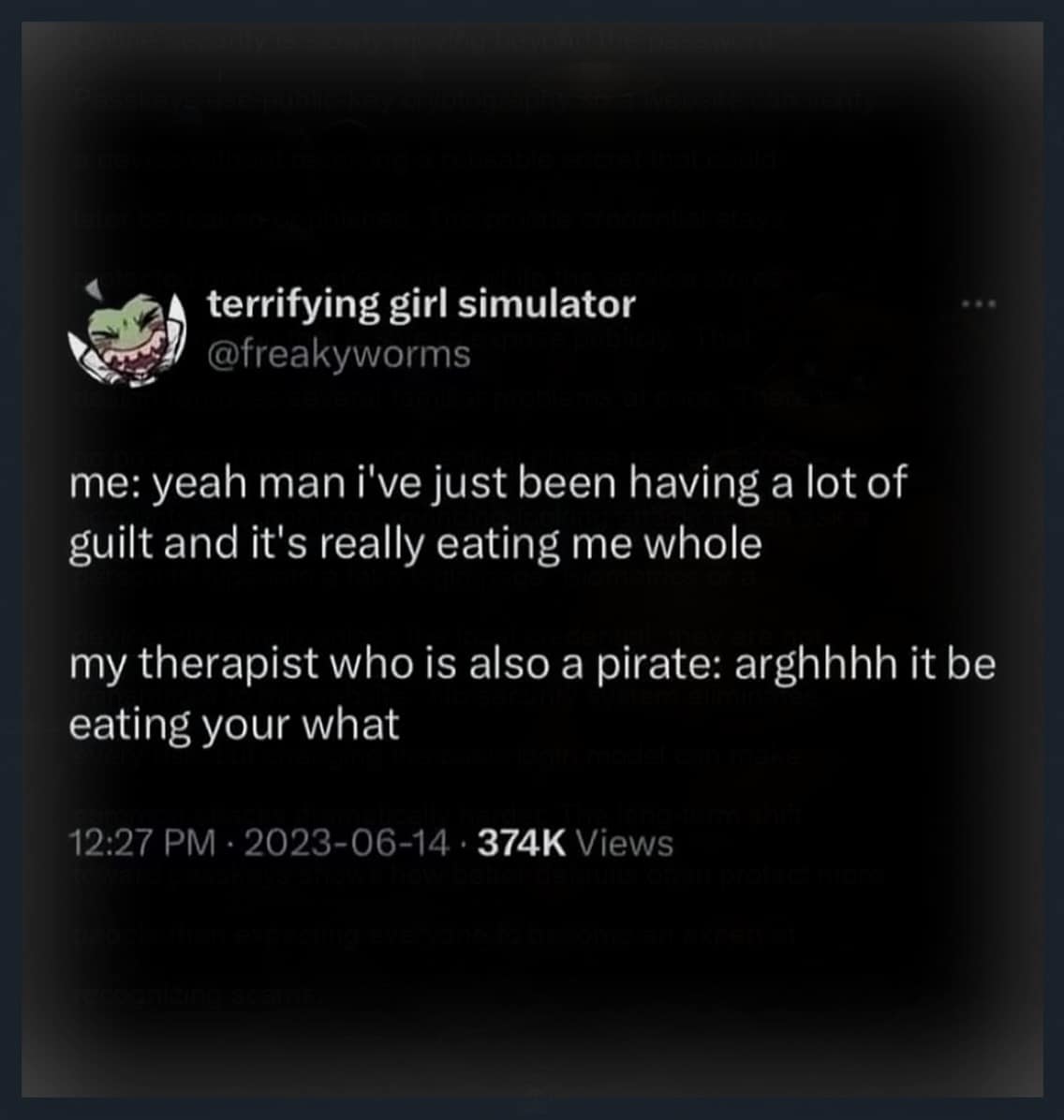 Text-based joke recounting a therapy session where a pirate therapist hears "eating me whole" and gets deeply confused about what's being eaten.